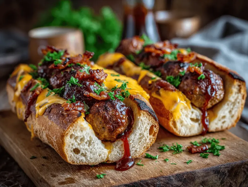 Bourbon BBQ Bacon Cheeseburger Meatball Subs - featured image