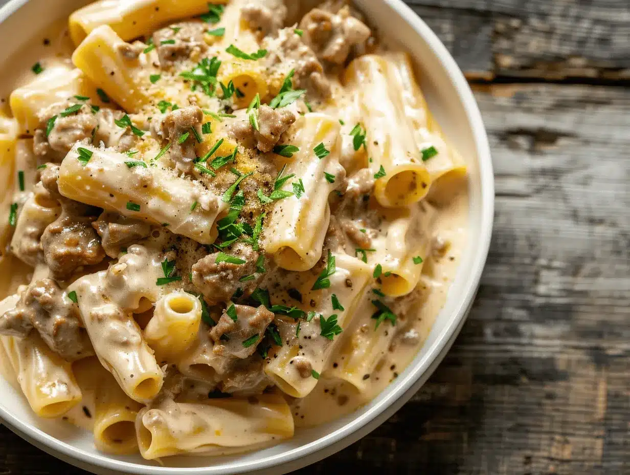 creamy Parmesan beef rigatoni preparation steps