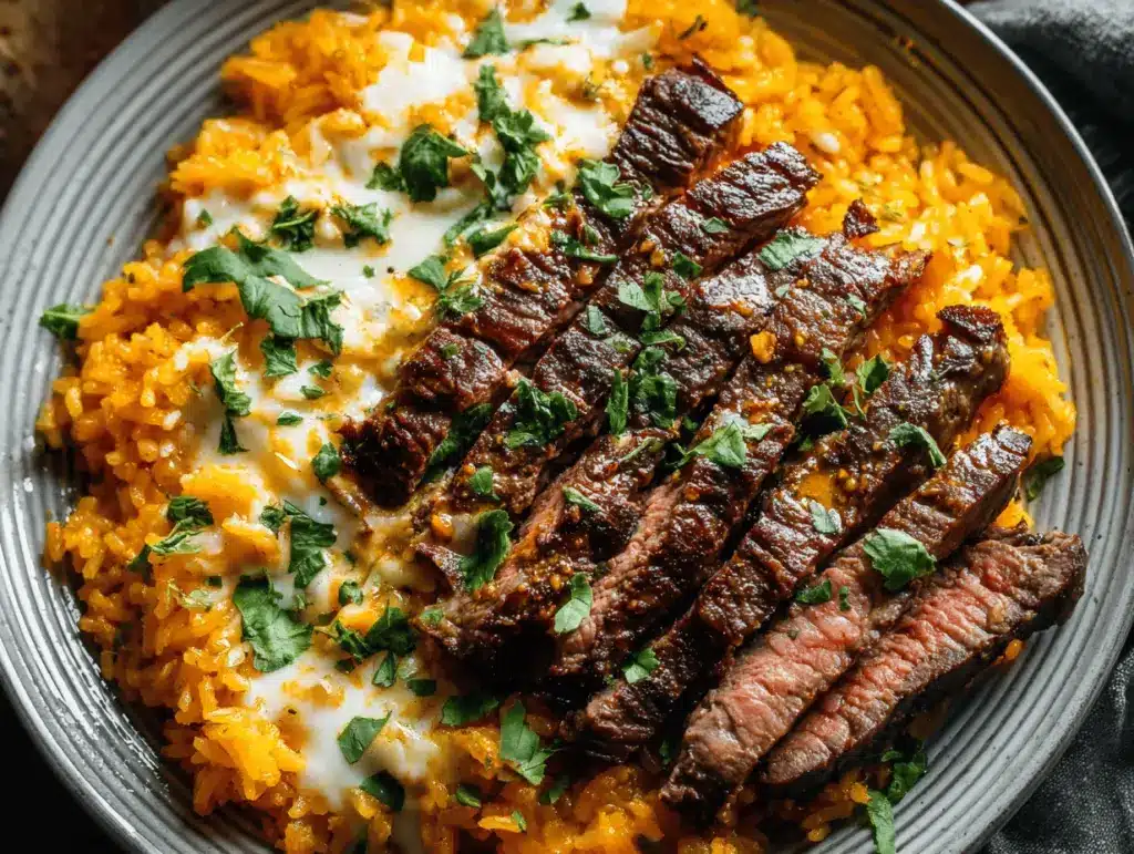 creamy queso rice with steak strips - featured image