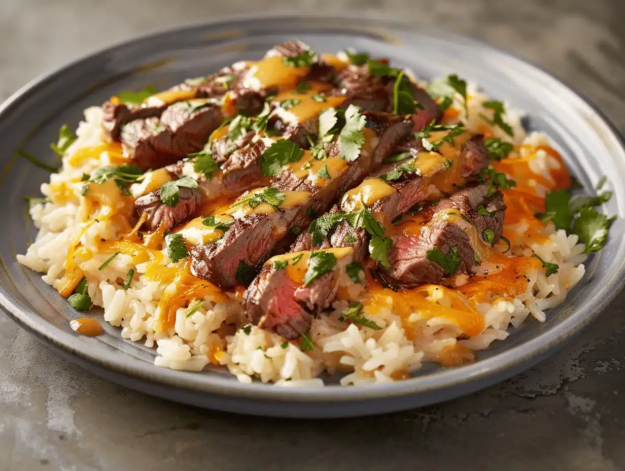creamy queso rice with steak strips preparation steps