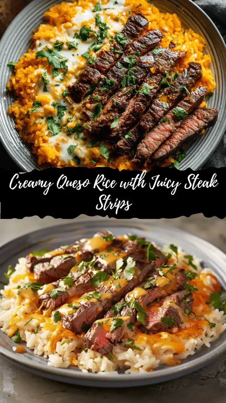 creamy queso rice with steak strips recipe