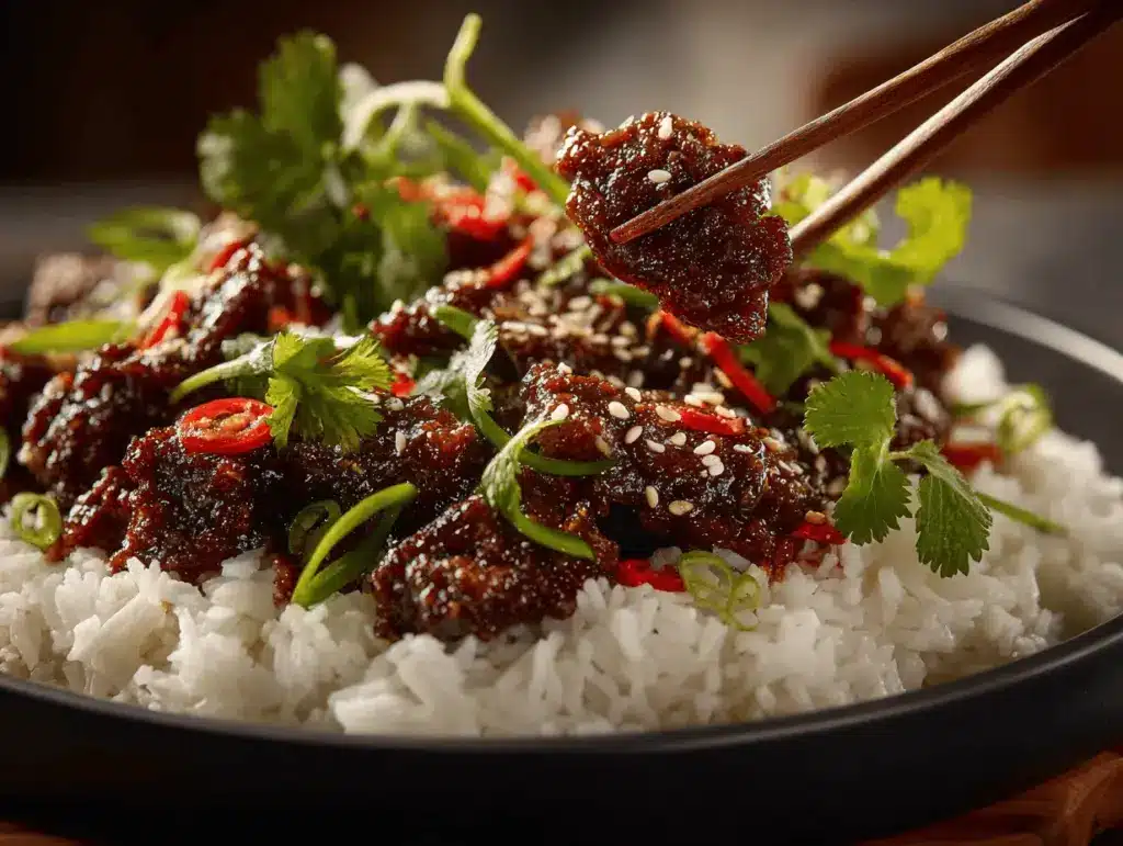 crispy chilli beef rice bowl - featured image