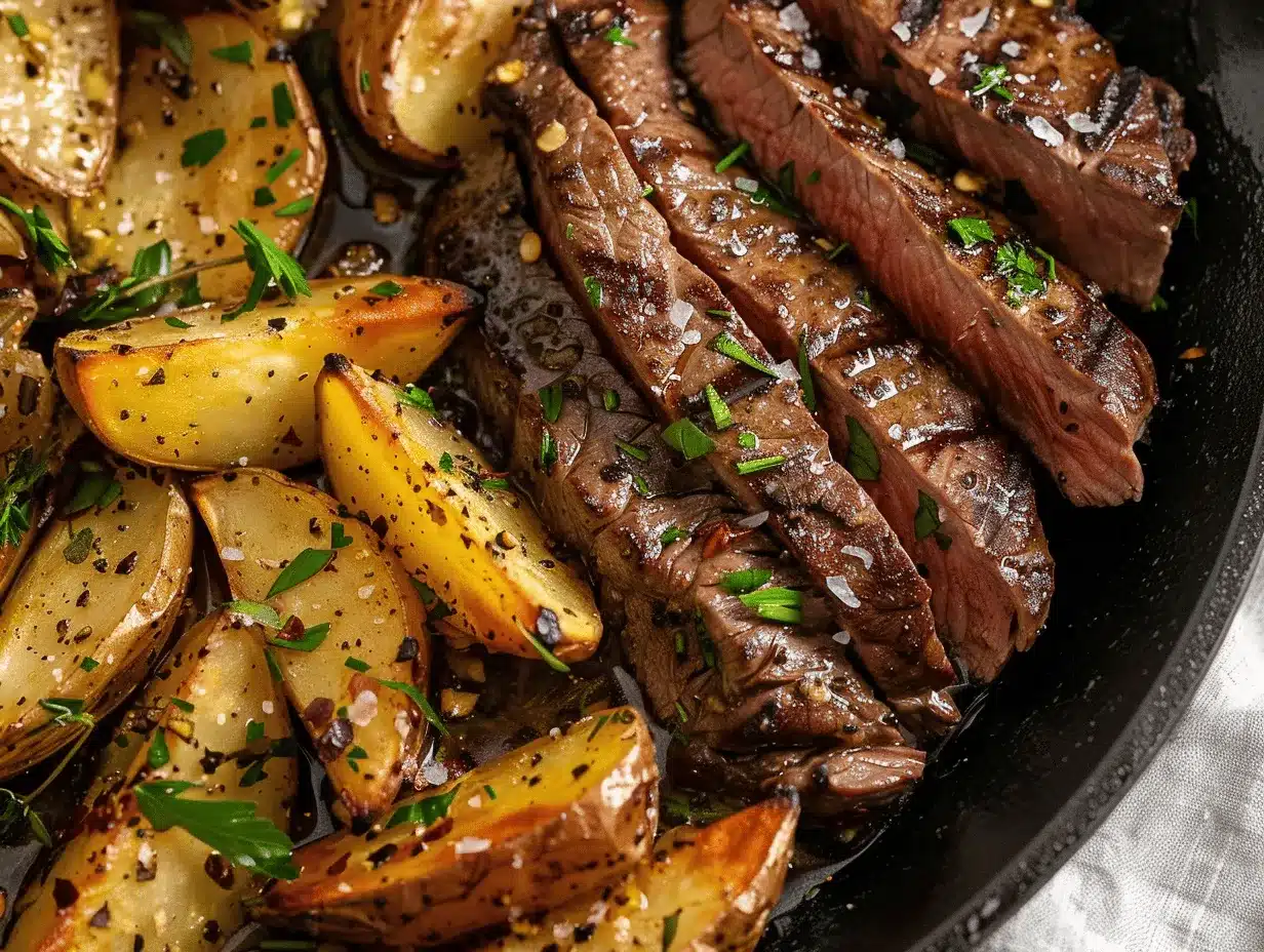 garlic butter steak and potatoes skillet preparation steps