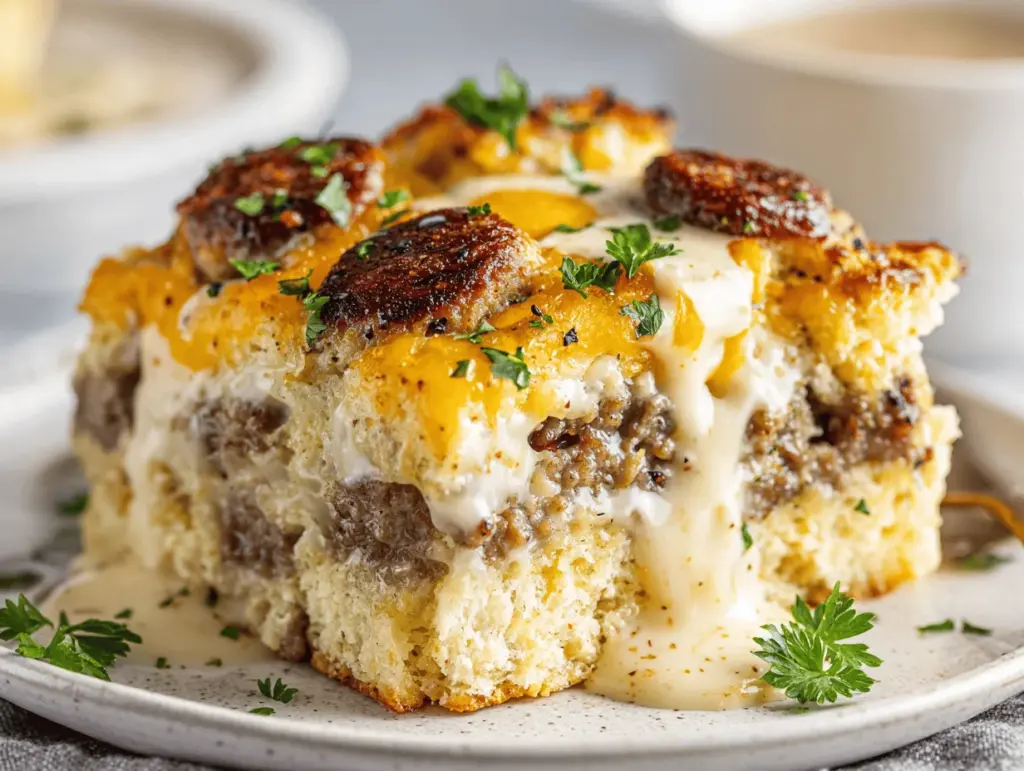 breakfast casserole with biscuits and gravy - featured image