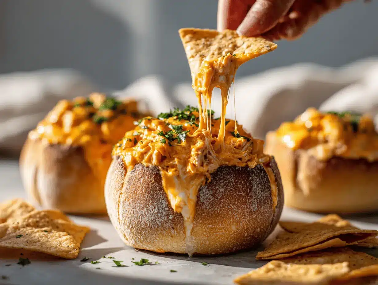 cheesy buffalo chicken dip bread bowls preparation steps