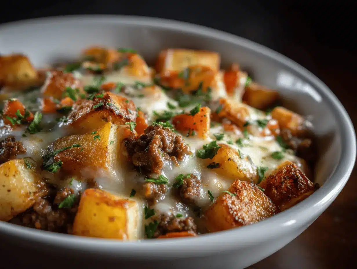 cheesy meat and potato skillet preparation steps