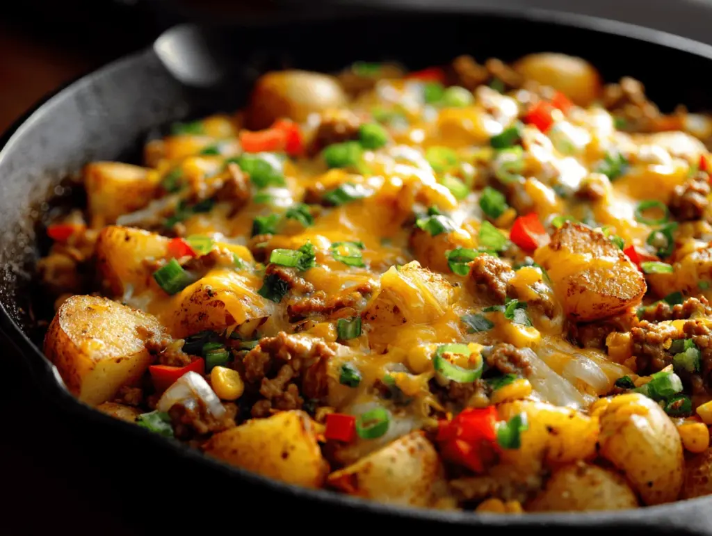 cheesy southwest ground turkey and potato skillet - featured image