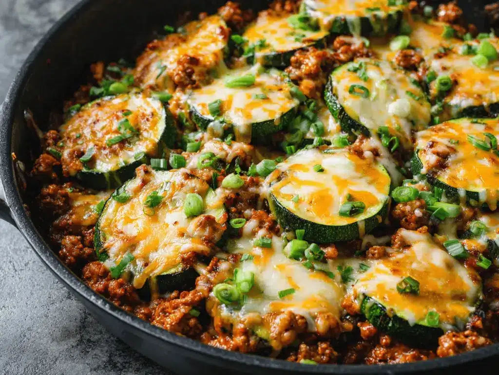 cheesy taco zucchini ground turkey skillet - featured image