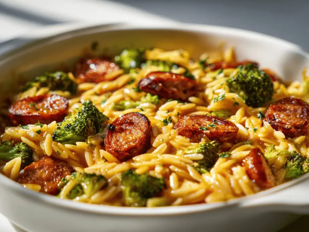 chicken sausage and broccoli orzo bake - featured image