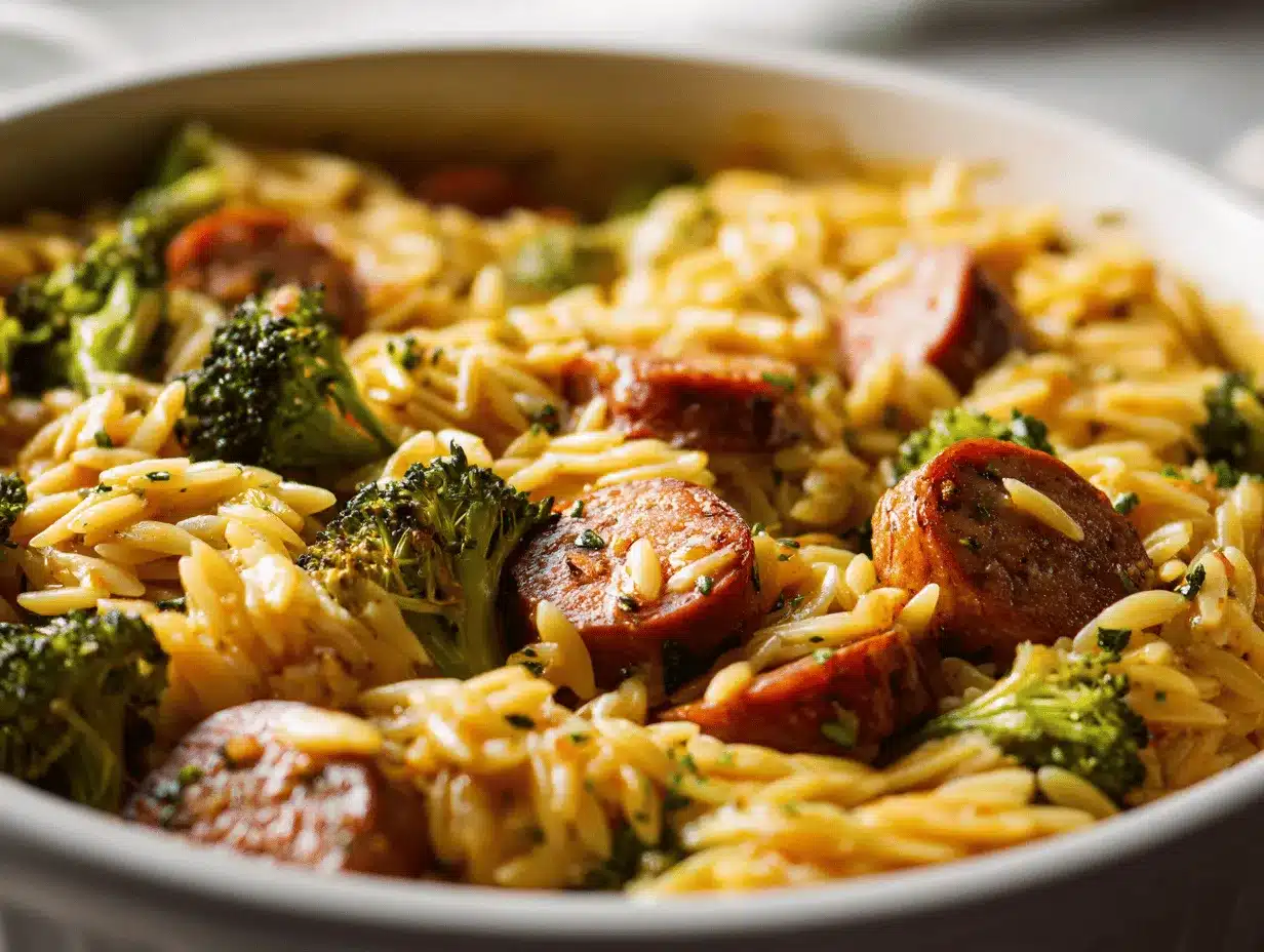 chicken sausage and broccoli orzo bake preparation steps