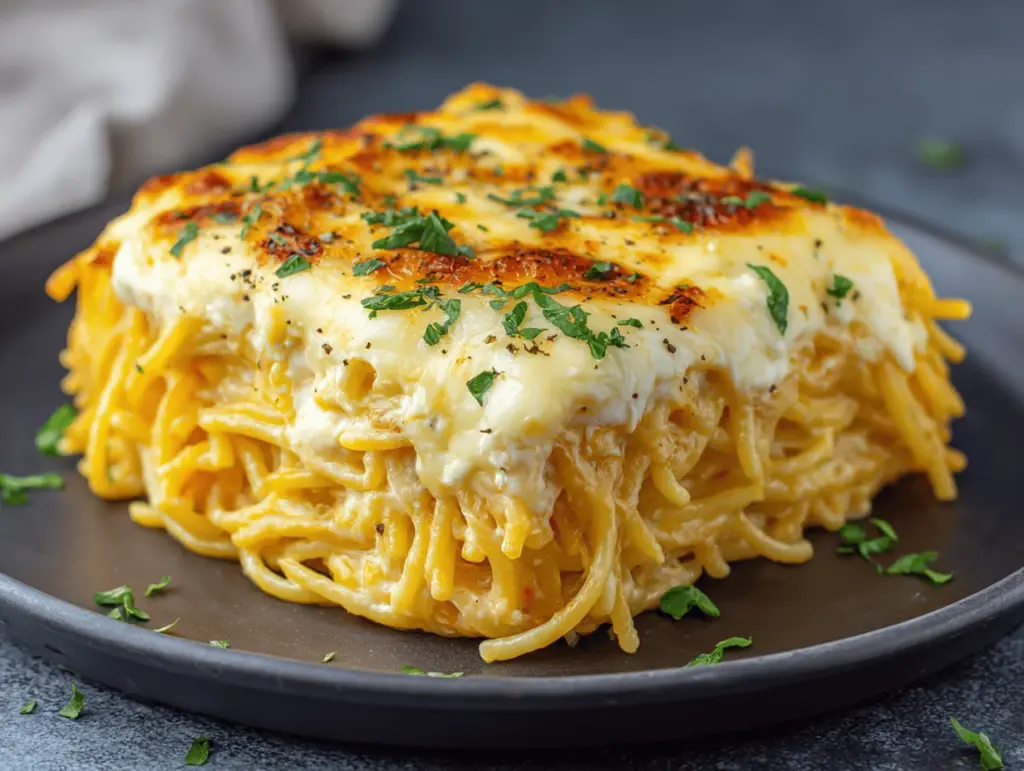 cream cheese spaghetti casserole - featured image