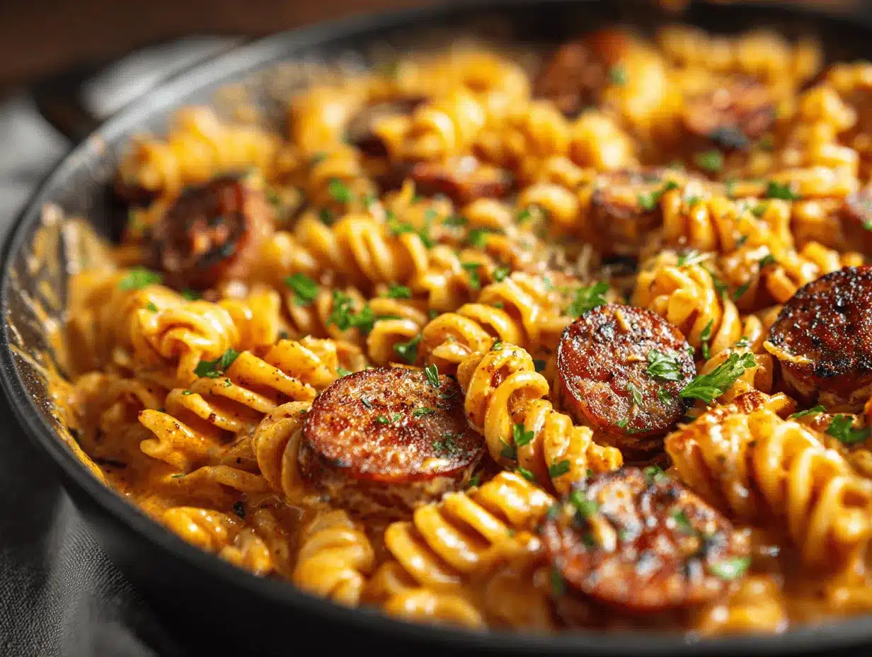 creamy Cajun sausage pasta skillet preparation steps