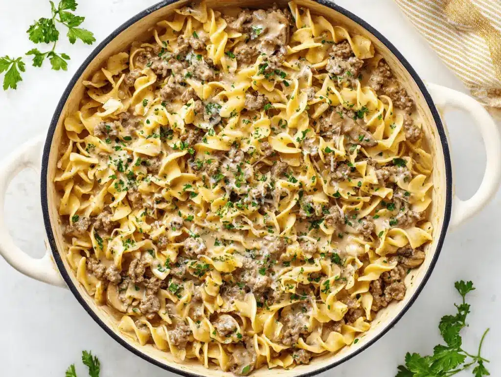 creamy garlic Parmesan beef stroganoff - featured image
