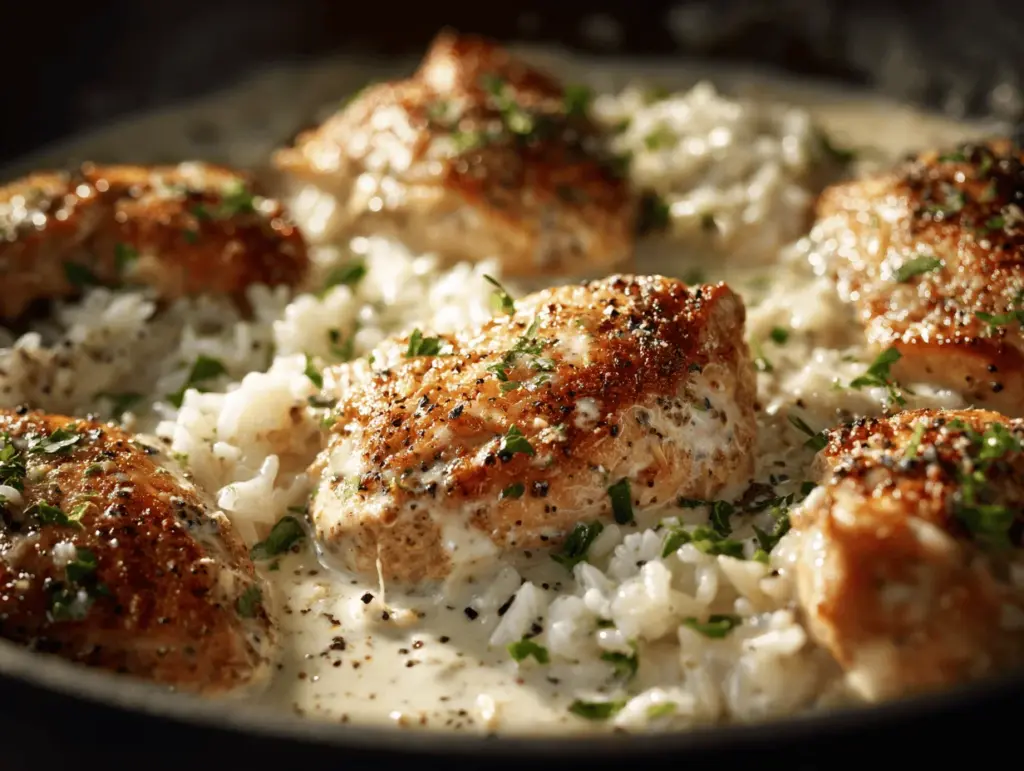 creamy garlic Parmesan chicken and rice bake - featured image