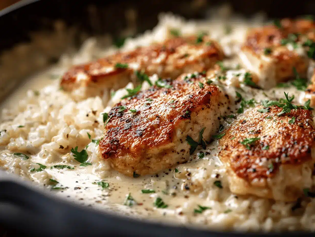 creamy garlic Parmesan chicken and rice bake preparation steps
