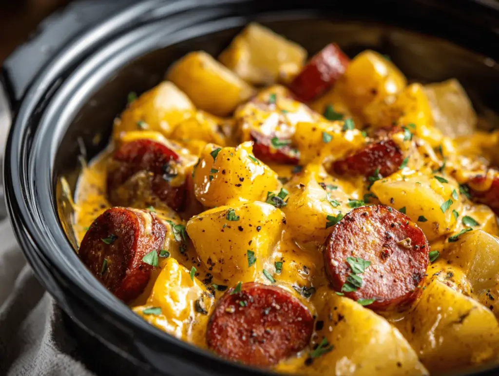 Crockpot cheesy potatoes and kielbasa - featured image