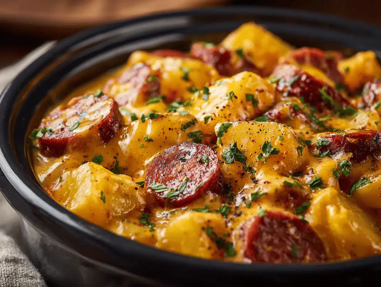Crockpot cheesy potatoes and kielbasa preparation steps