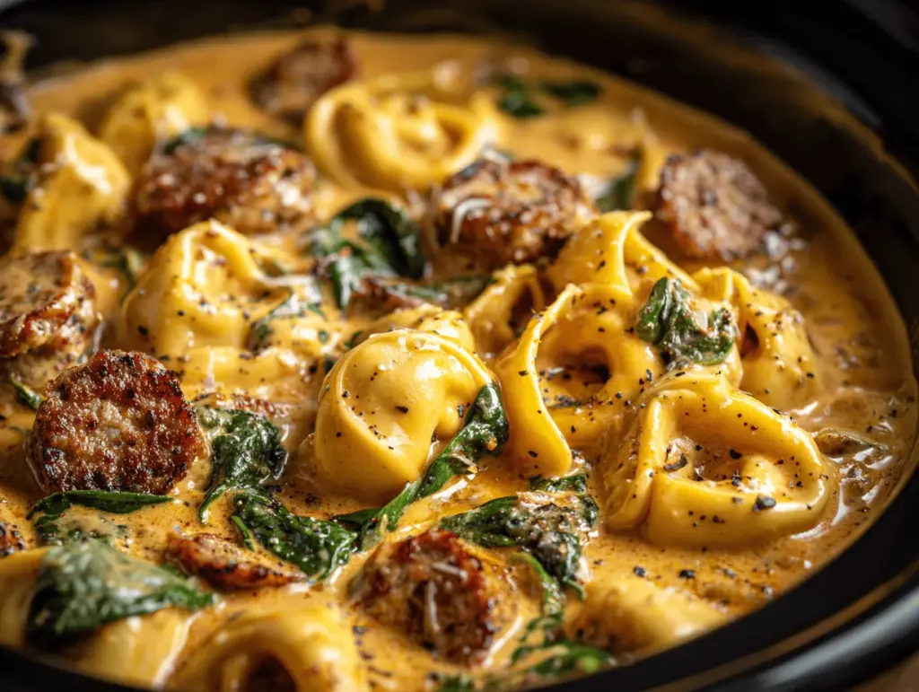 crockpot creamy Tuscan sausage tortellini - featured image