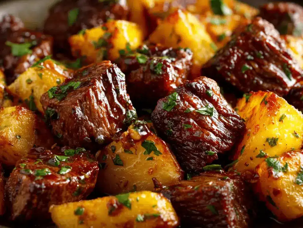 garlic butter beef bites and potatoes - featured image