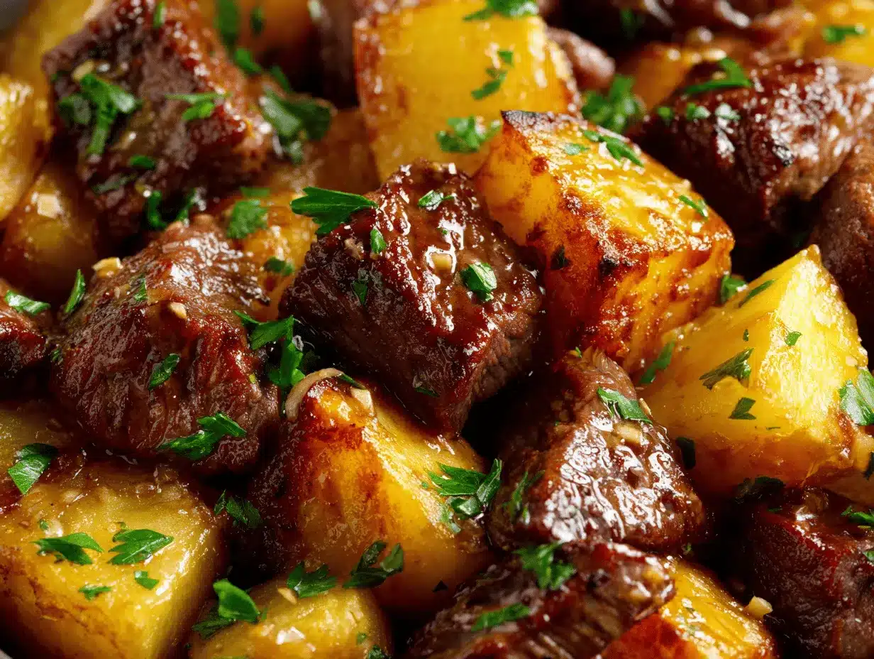 garlic butter beef bites and potatoes preparation steps