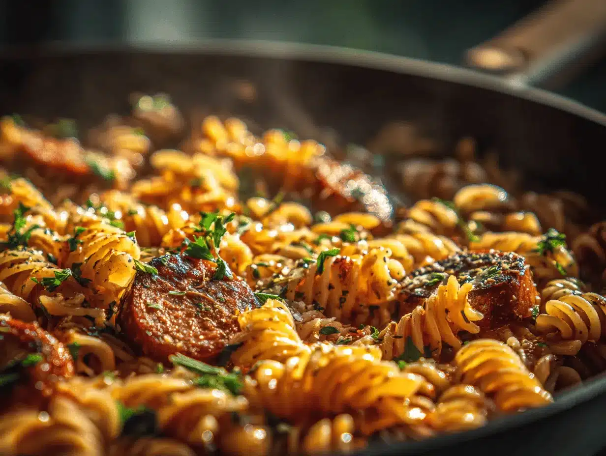 honey garlic sausage pasta skillet preparation steps