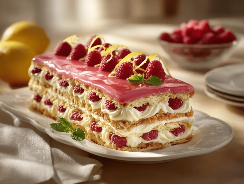lemon raspberry eclair cake - featured image