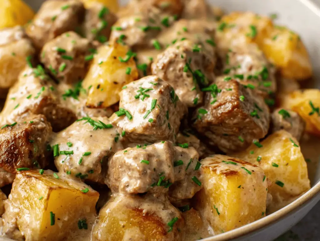 slow cooker creamy ranch beef bites and potatoes - featured image