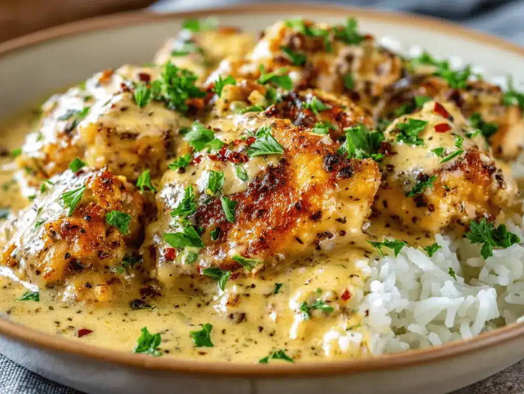 smothered chicken and rice - featured image