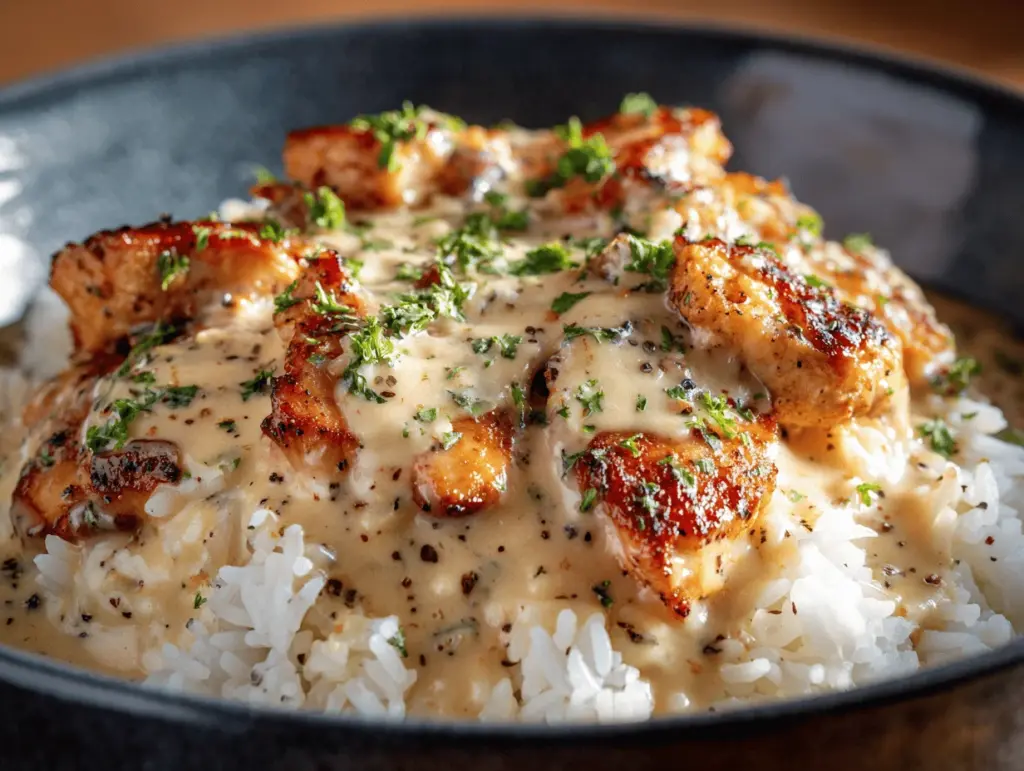 smothered chicken rice - featured image