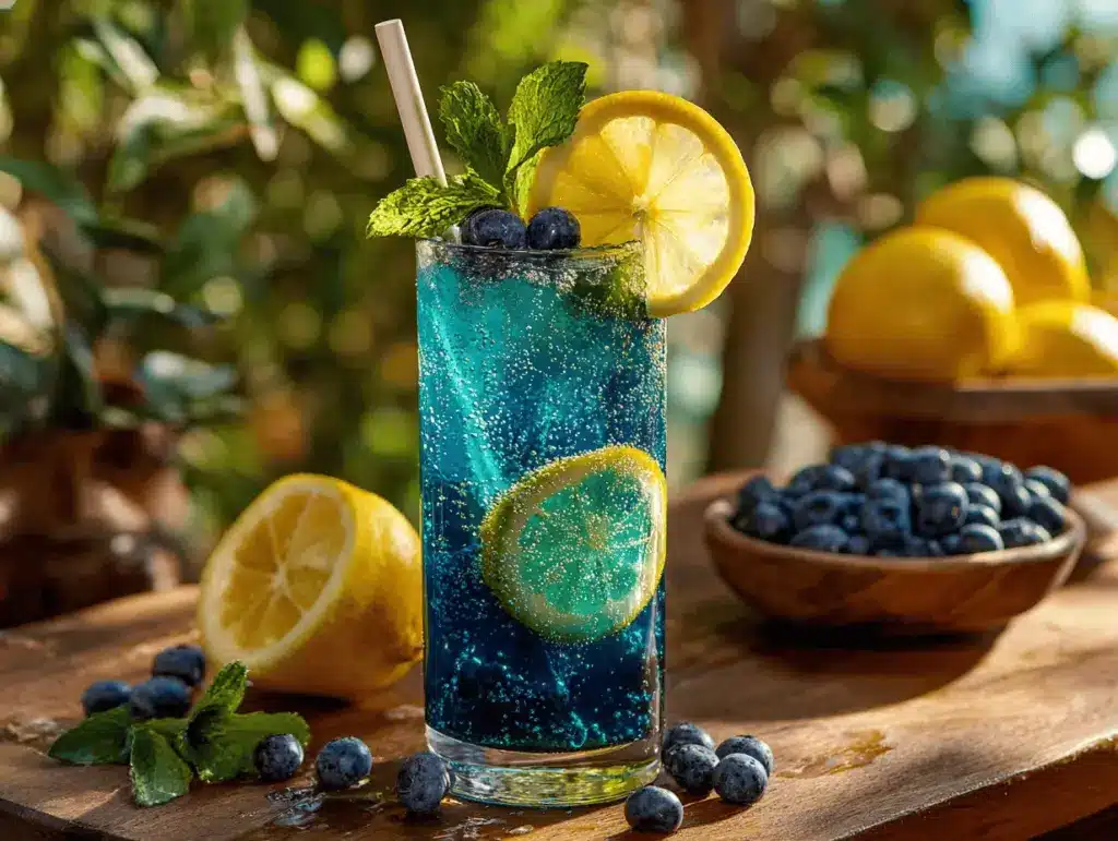 sparkling blueberry lemonade mocktail - featured image