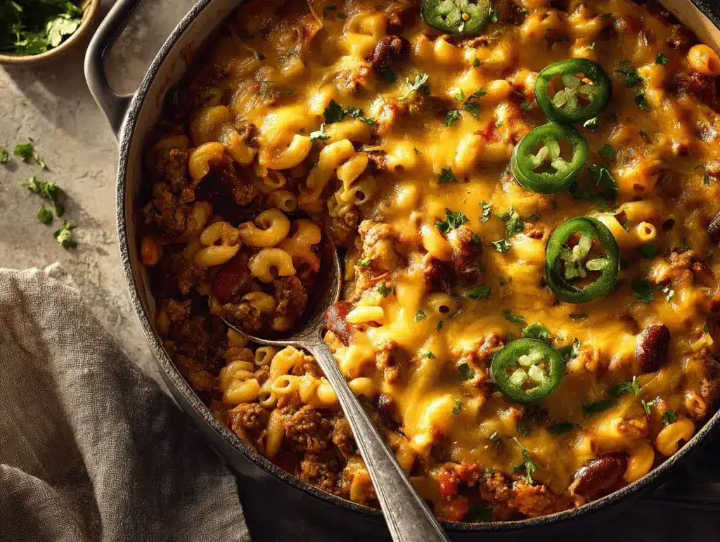 Tex-Mex cheesy chili mac bake - featured image