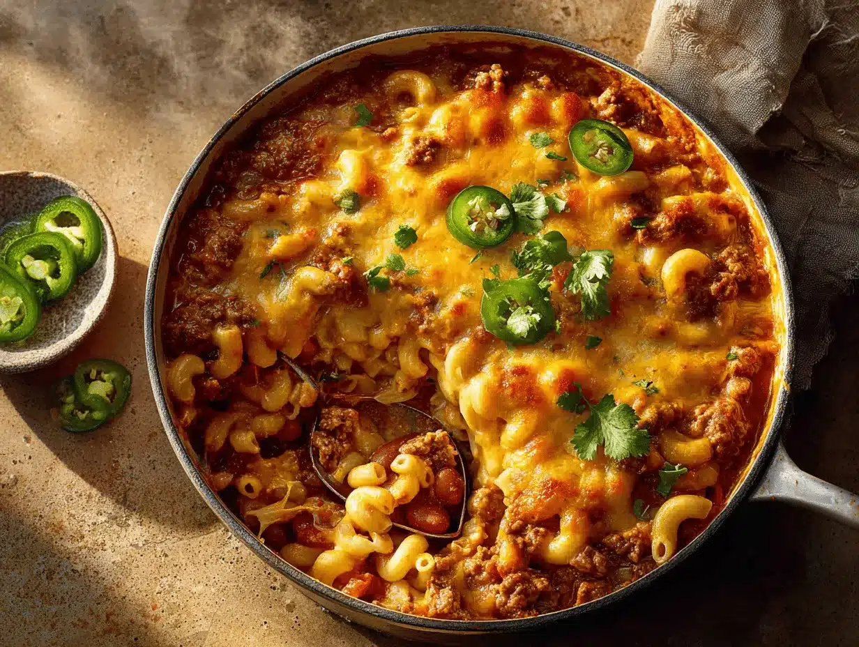 Tex-Mex cheesy chili mac bake preparation steps