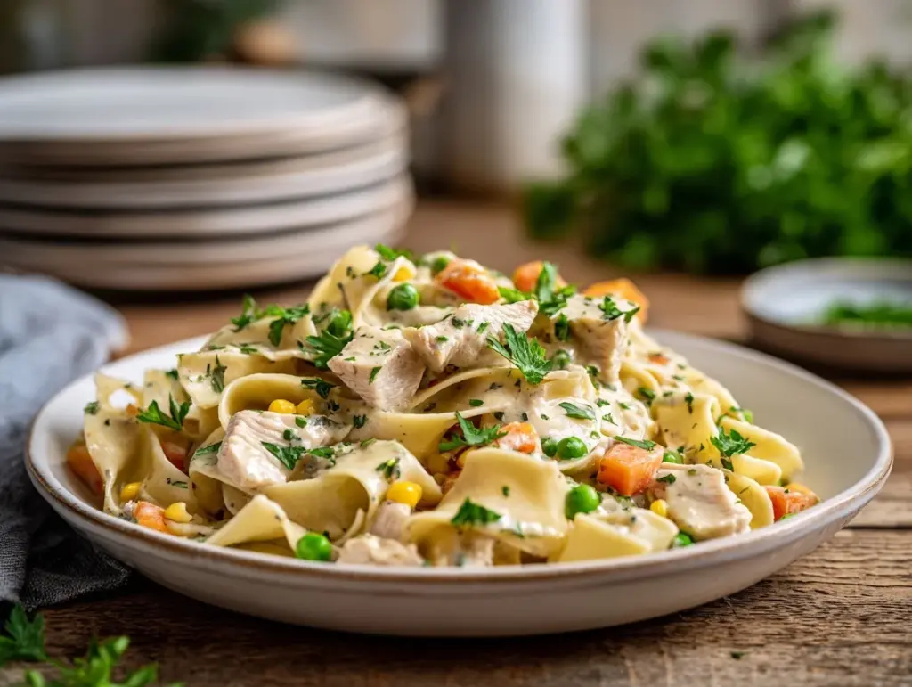 creamy chicken pot pie pasta - featured image