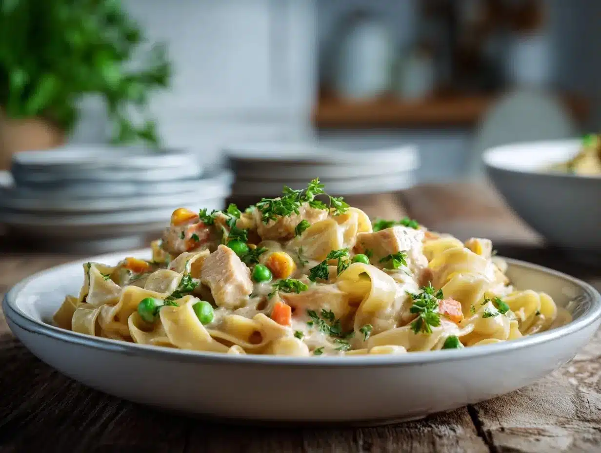 creamy chicken pot pie pasta preparation steps