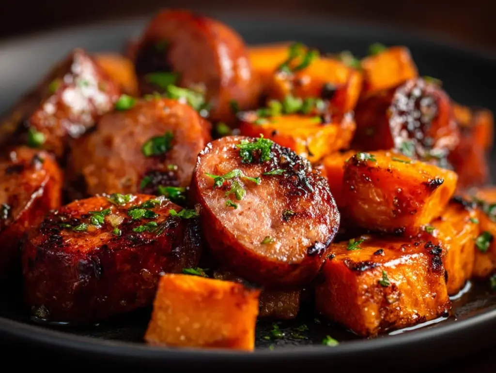 honey garlic sausage sweet potatoes - featured image