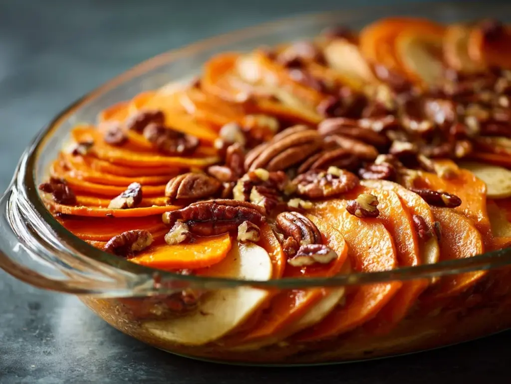 honey glazed apple sweet potato casserole - featured image