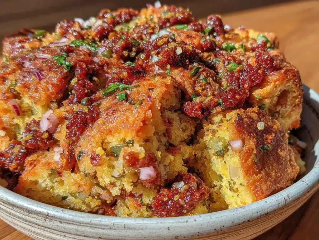 cornbread dressing with chorizo and poblano peppers - featured image