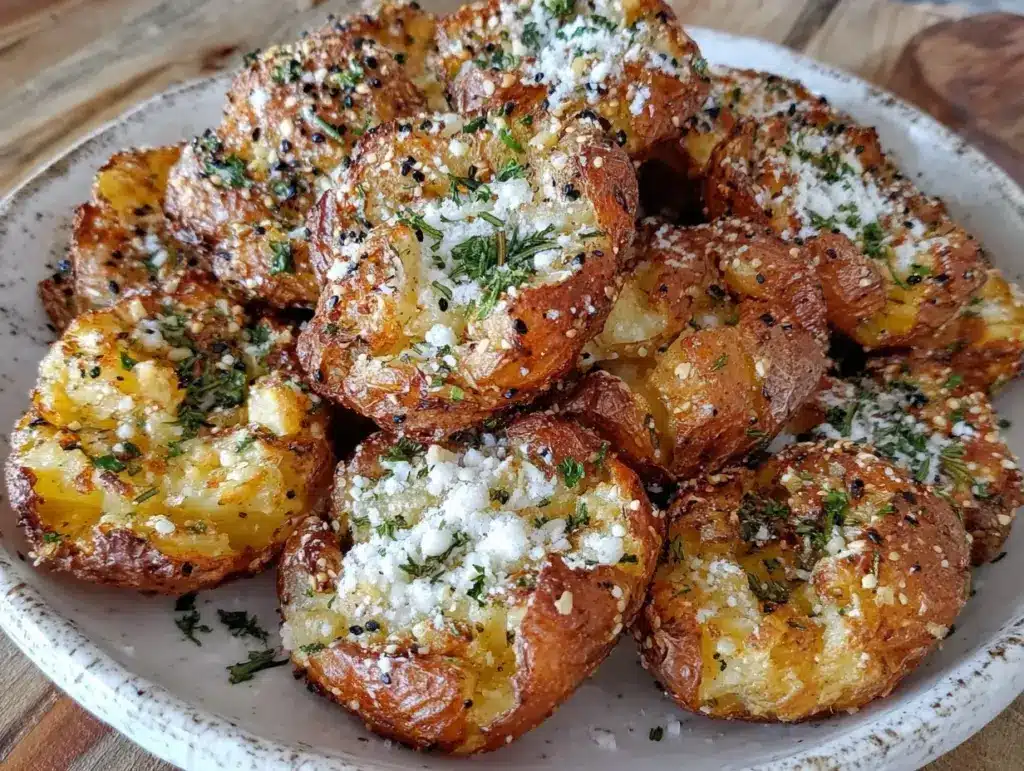 crispy garlic herb smashed potatoes - featured image