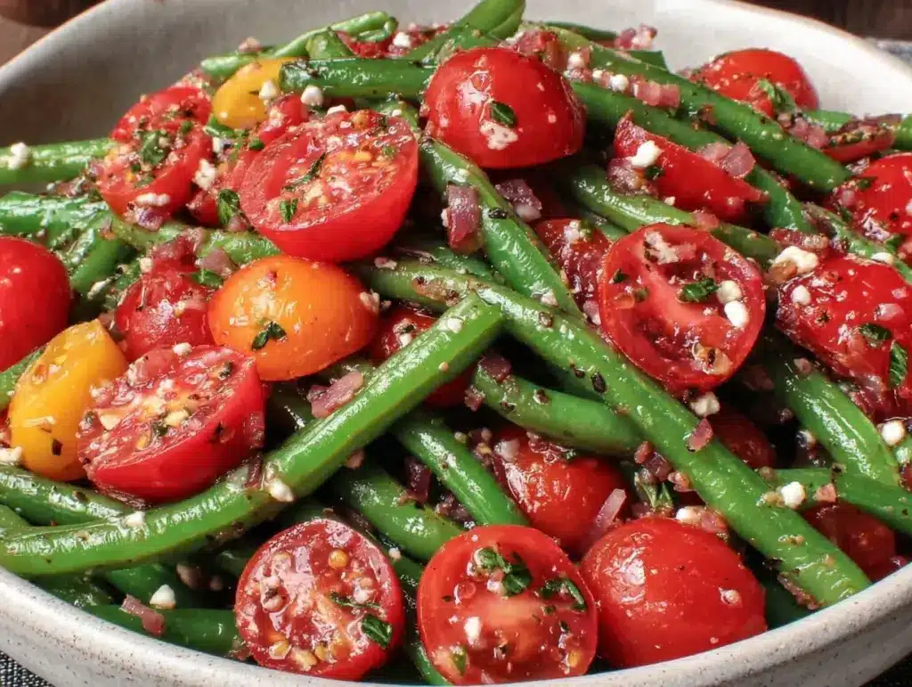 green bean and tomato salad with feta - featured image