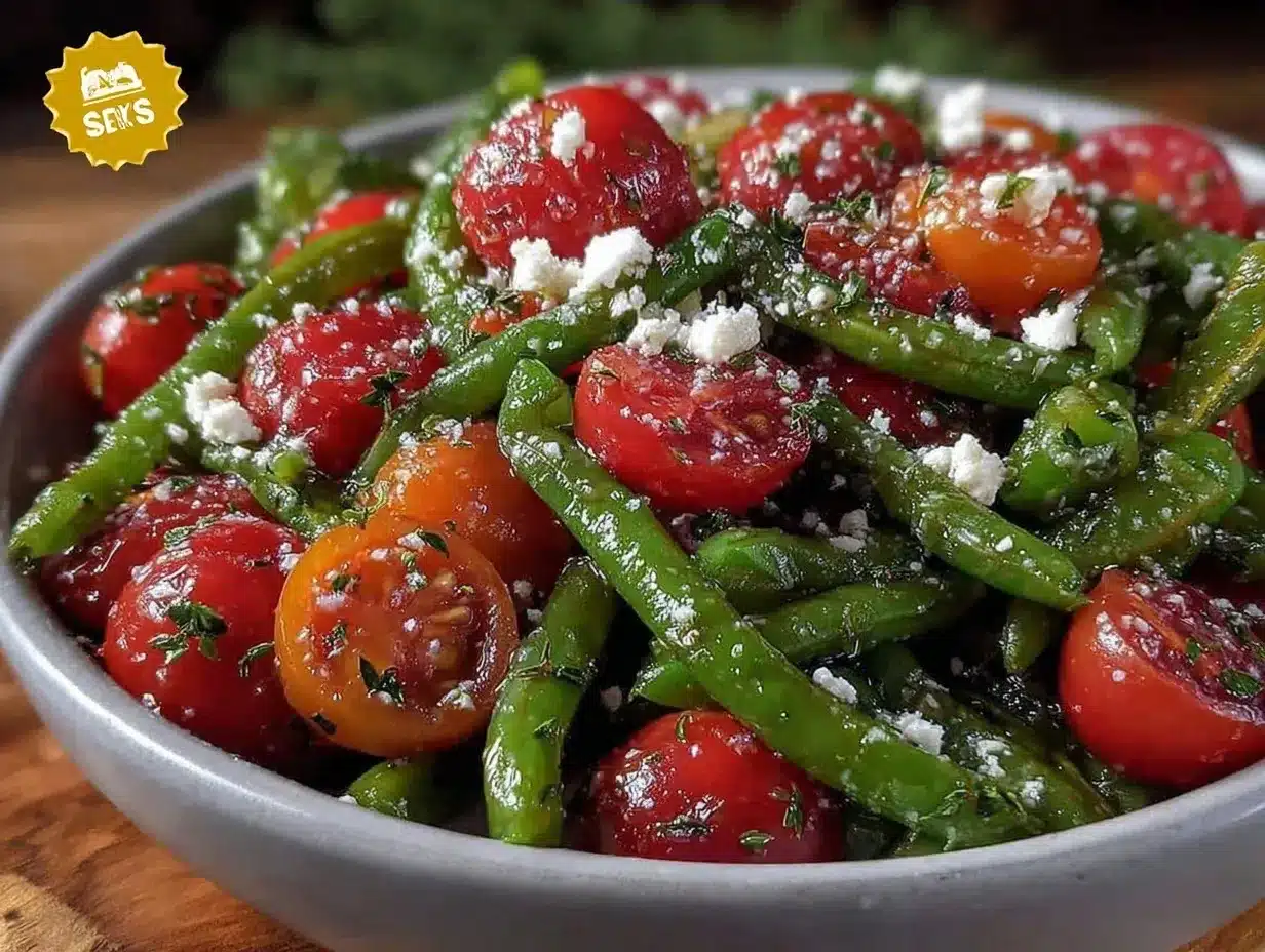 green bean and tomato salad with feta preparation steps