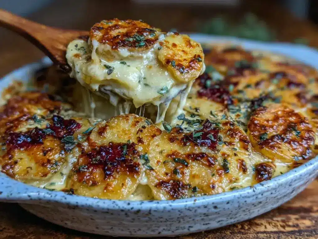 scalloped potatoes with caramelized onions and gruyère - featured image