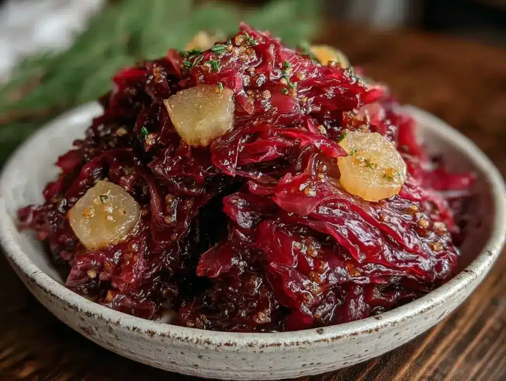 slow cooker apple cider braised red cabbage - featured image