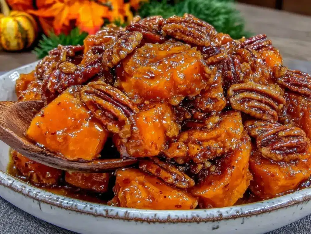 slow cooker candied sweet potatoes with pecans - featured image