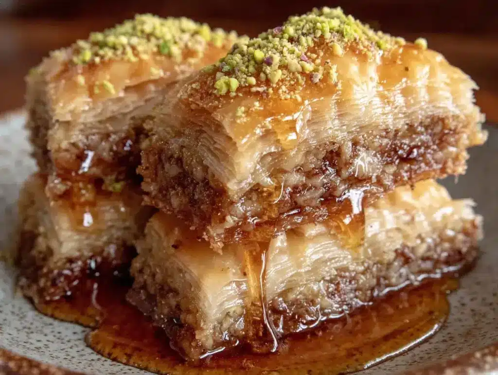 baklava with honey and pistachios - featured image