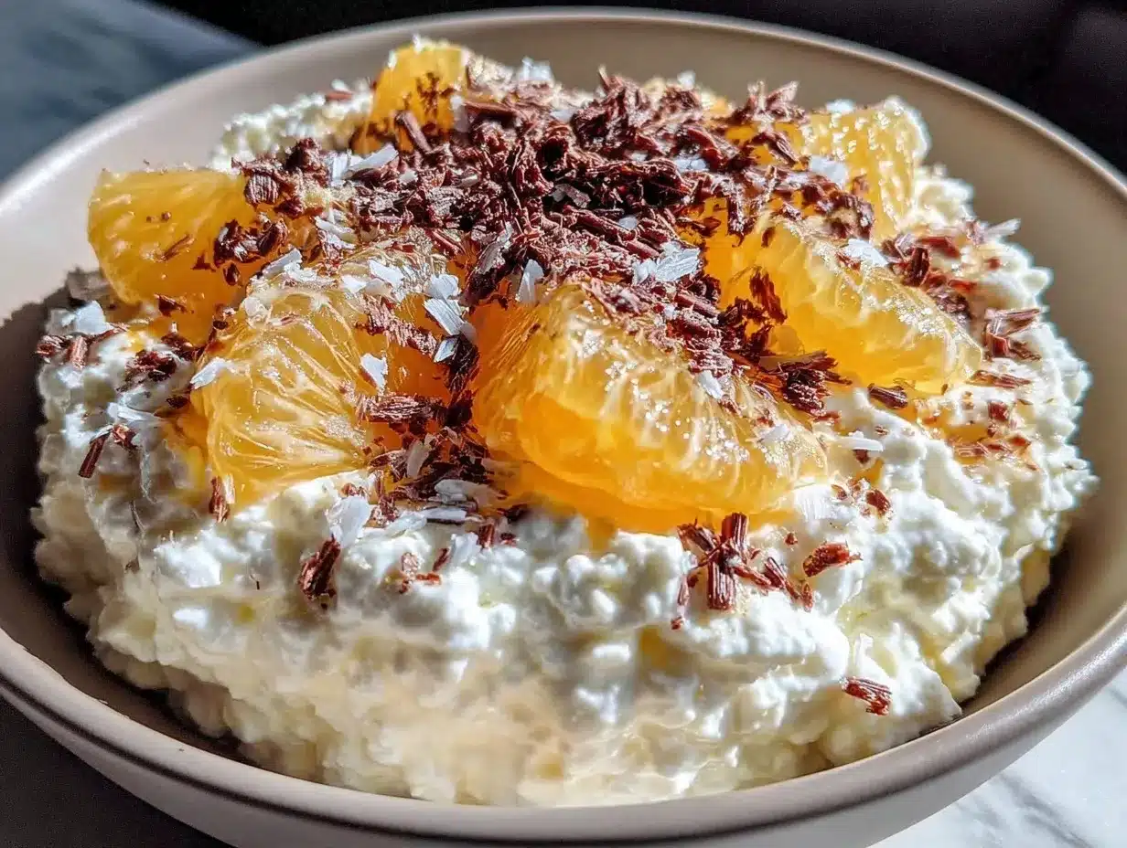 cottage cheese bowl with orange and dark chocolate preparation steps