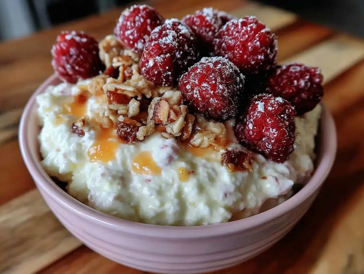 cottage cheese bowl with raspberries granola preparation steps
