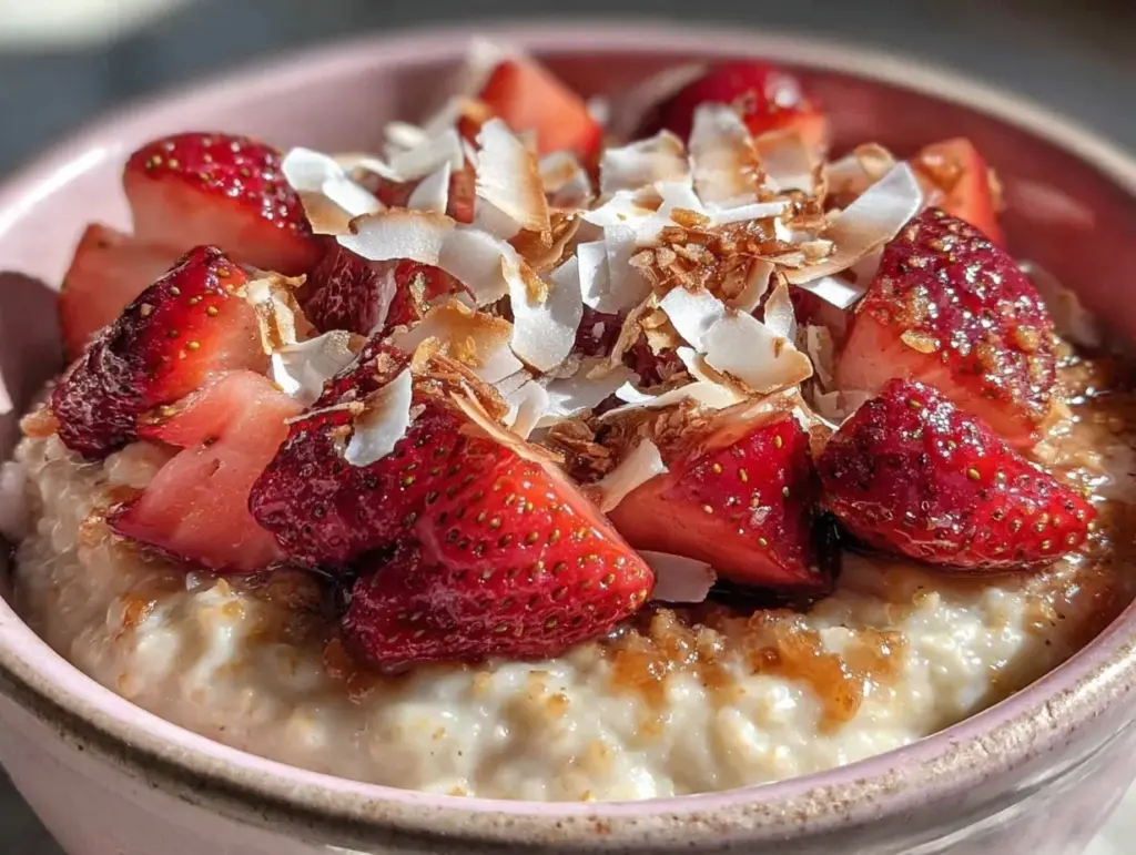 creamy strawberry coconut oatmeal bowl - featured image