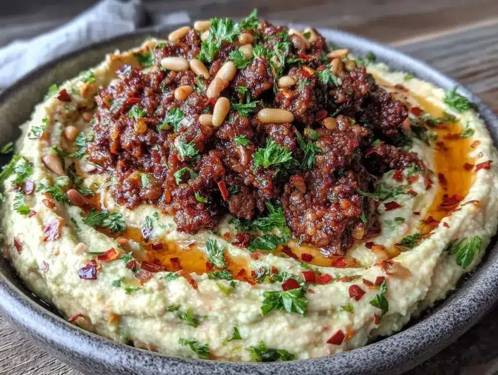 hummus with spiced lamb and pine nuts - featured image
