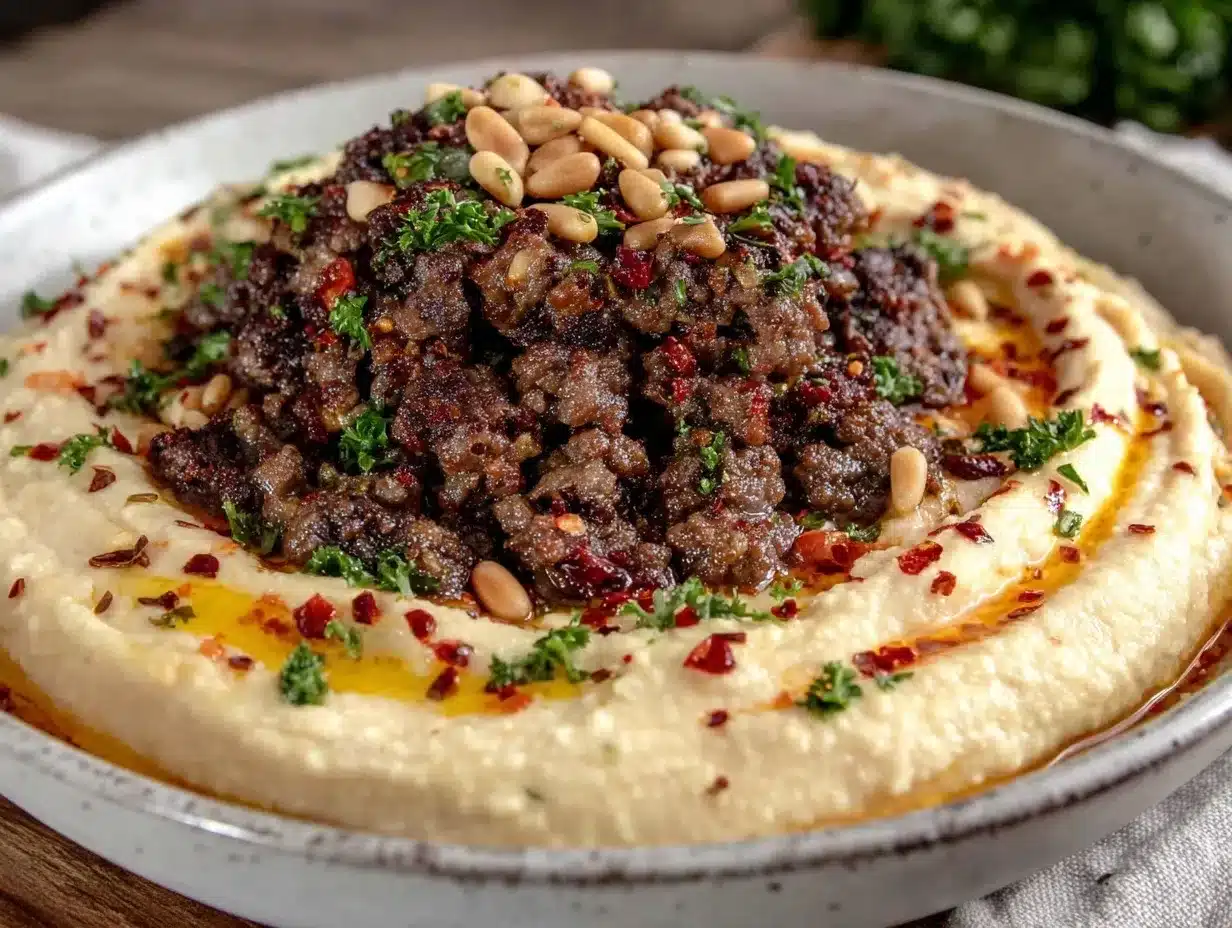 hummus with spiced lamb and pine nuts preparation steps
