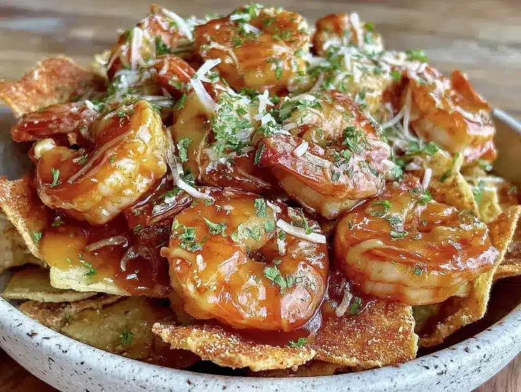 loaded shrimp scampi nacho party bowl - featured image